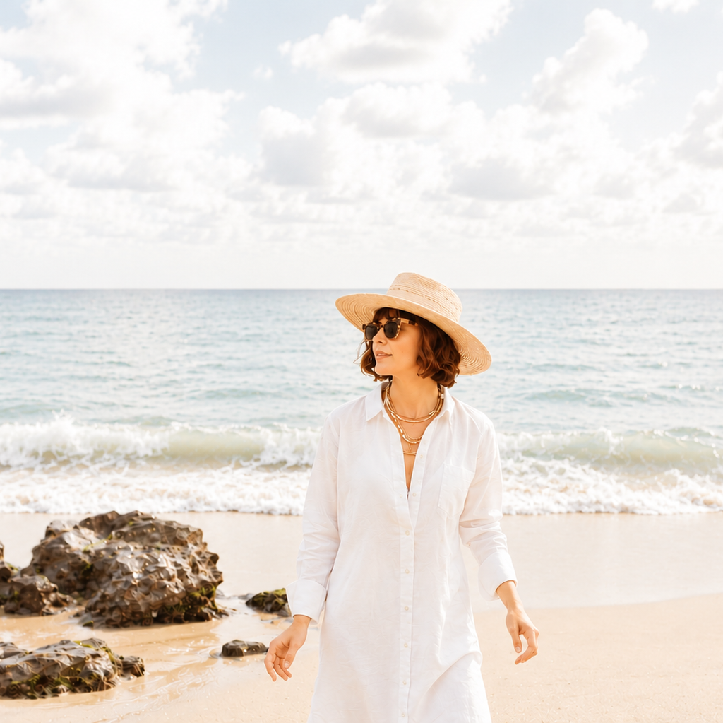 Woman in a white dress and hat standing on a beach with ocean waves in the background