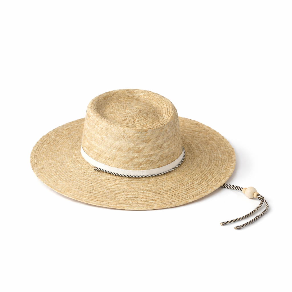 Beige straw hat with a white band on a white background