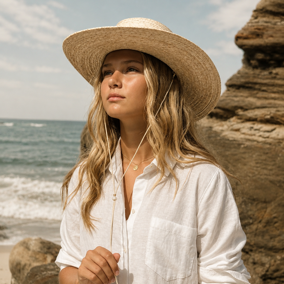 A woman wearing a wide-brimmed straw hat and a white linen button-up shirt stands on a rocky beach with the ocean in the background.