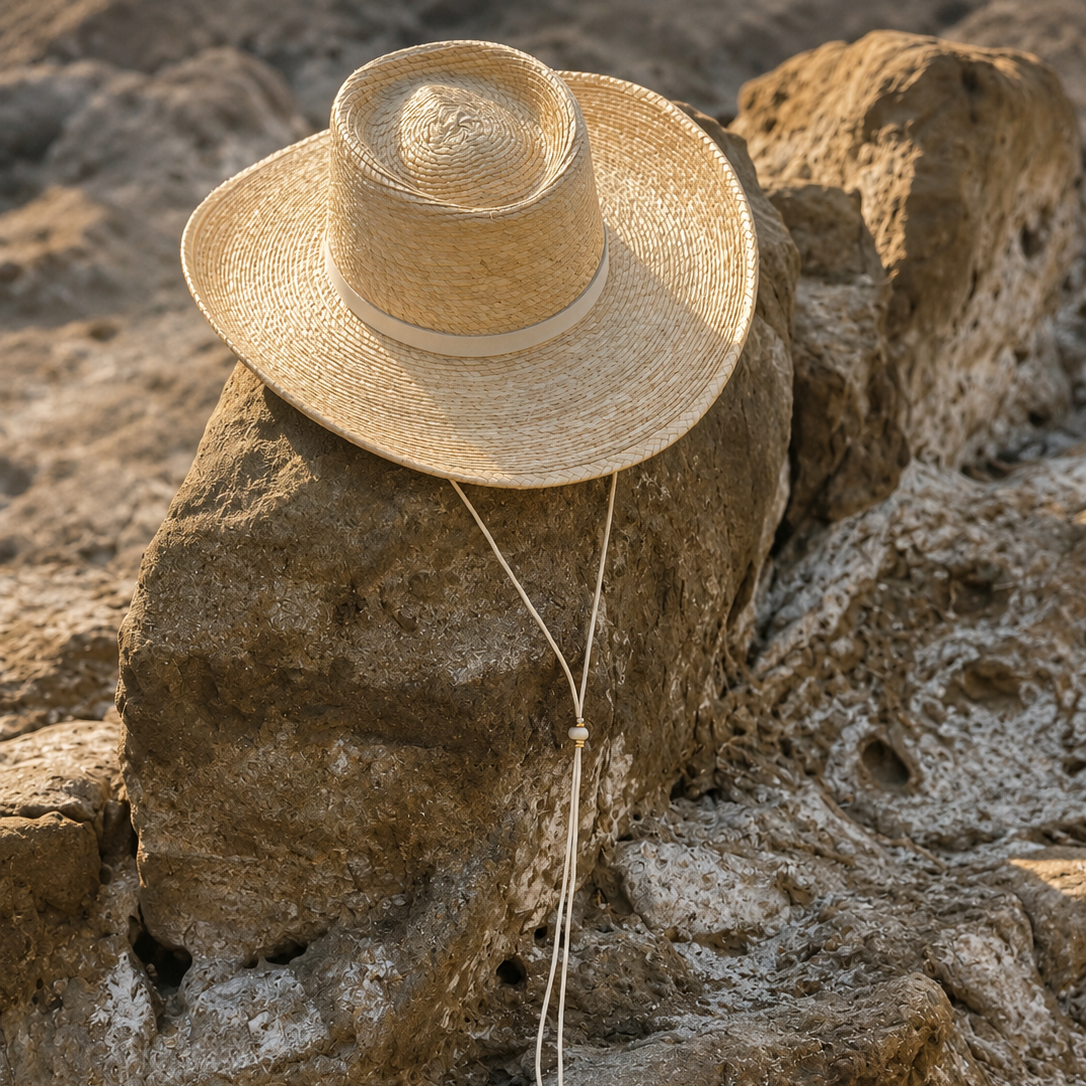 A natural straw cowboy hat with a matching chin strap rests on a textured rock outdoors.