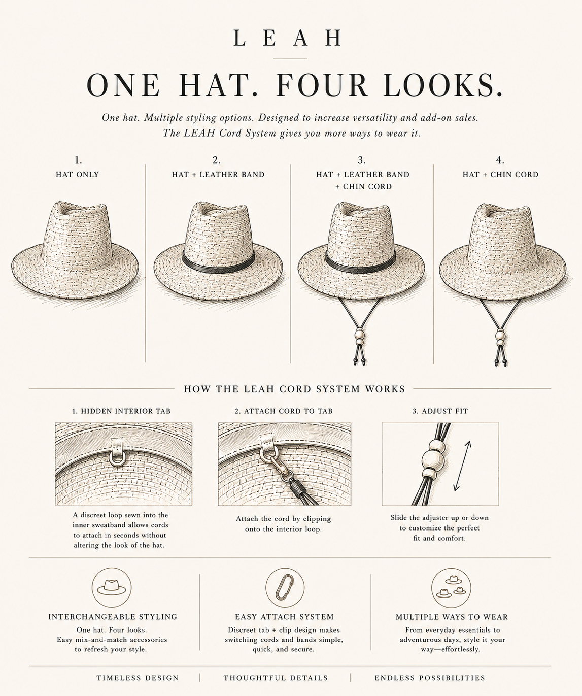 Illustration of a straw hat with various styling options and a guide on how to use the Leah cord system.
