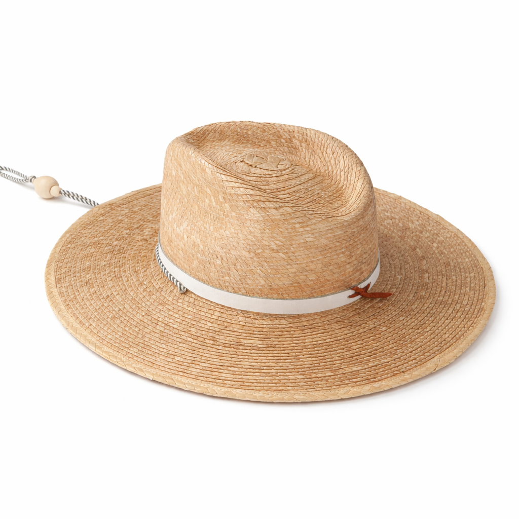 Beige straw hat with a white band on a white background