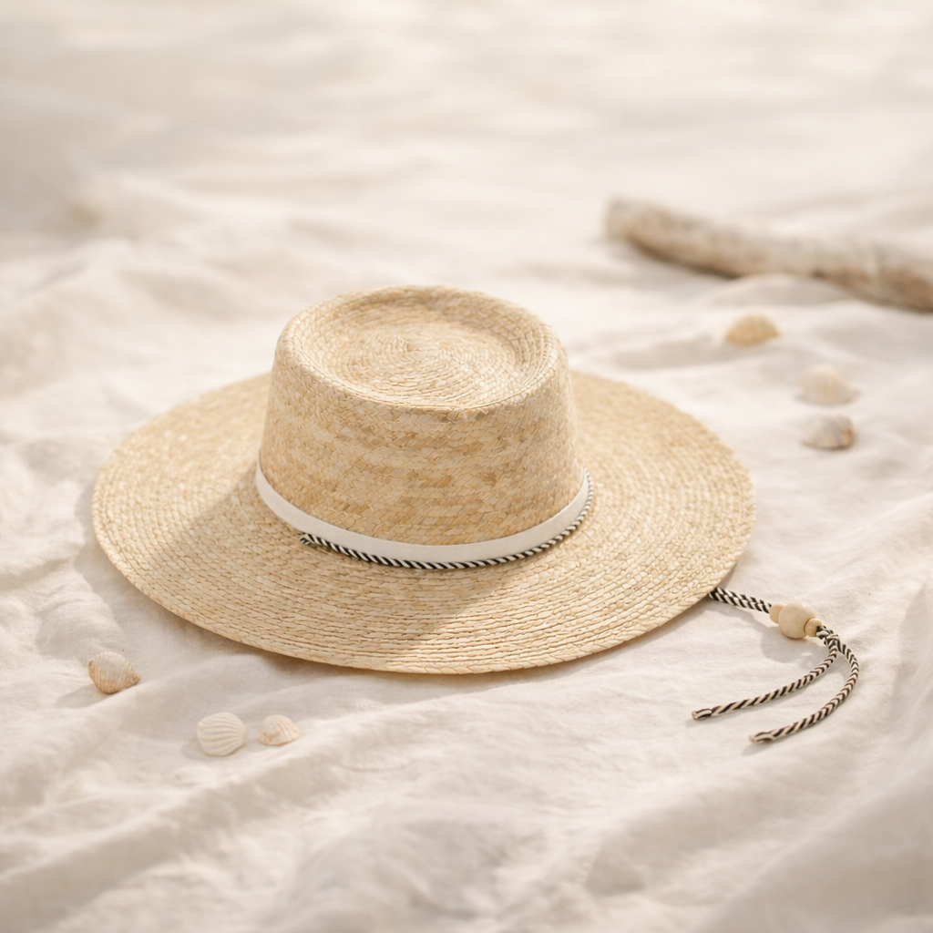 Straw hat with a decorative band on a sandy background