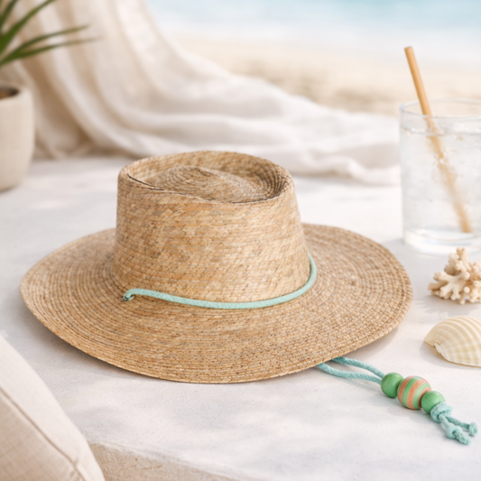 Straw hat with a decorative band on a table with a beach view in the background