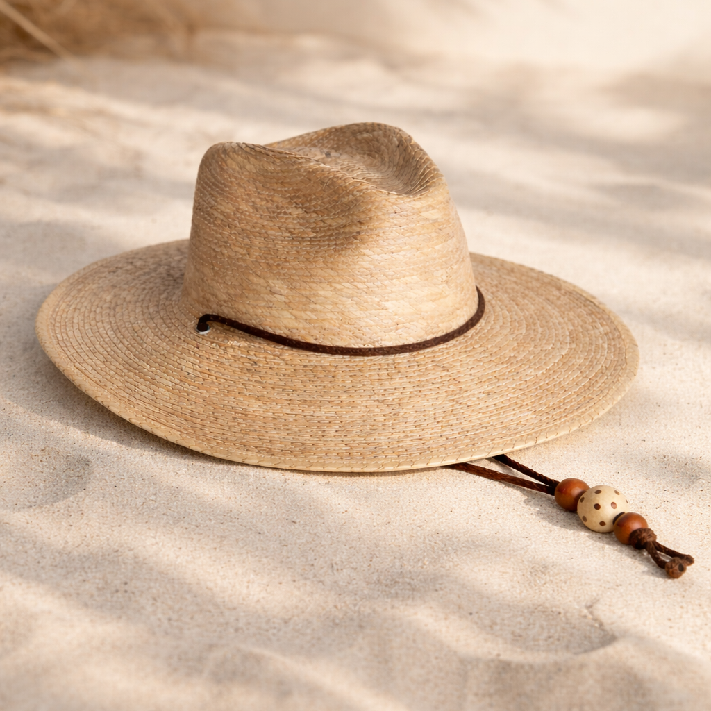 Straw hat with a ribbon on sand
