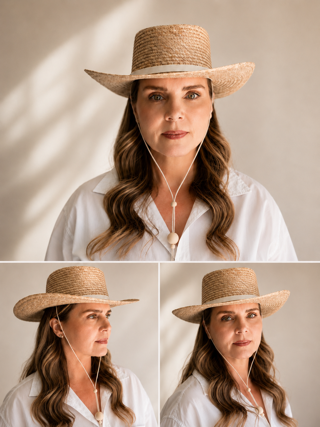 Woman wearing a straw hat with close-up shots of the hat on a plain background