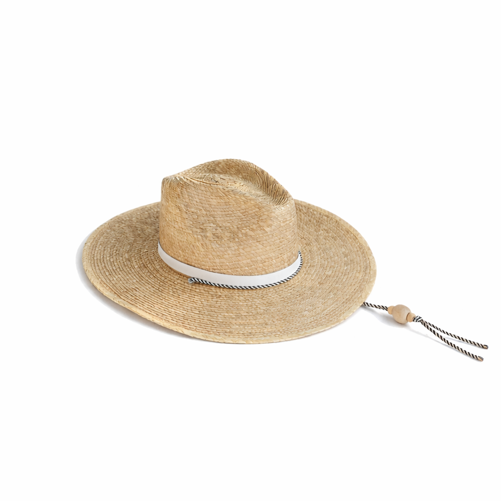 Beige straw hat with a white band on a white background