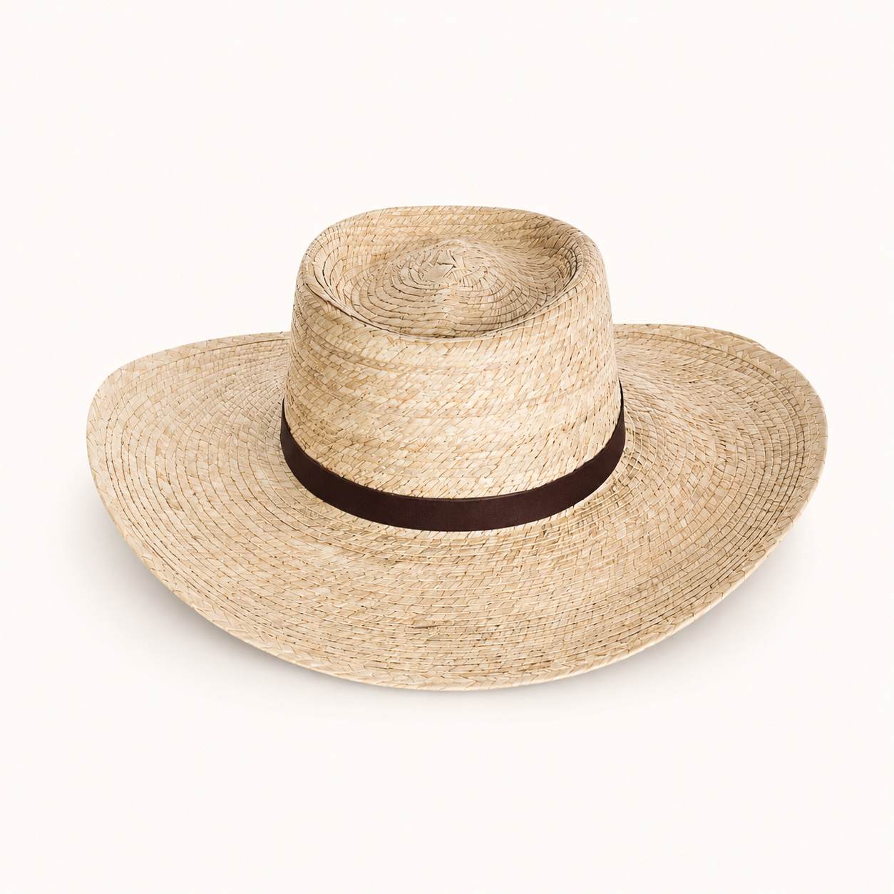 Straw hat with a wide brim and brown band on a white background