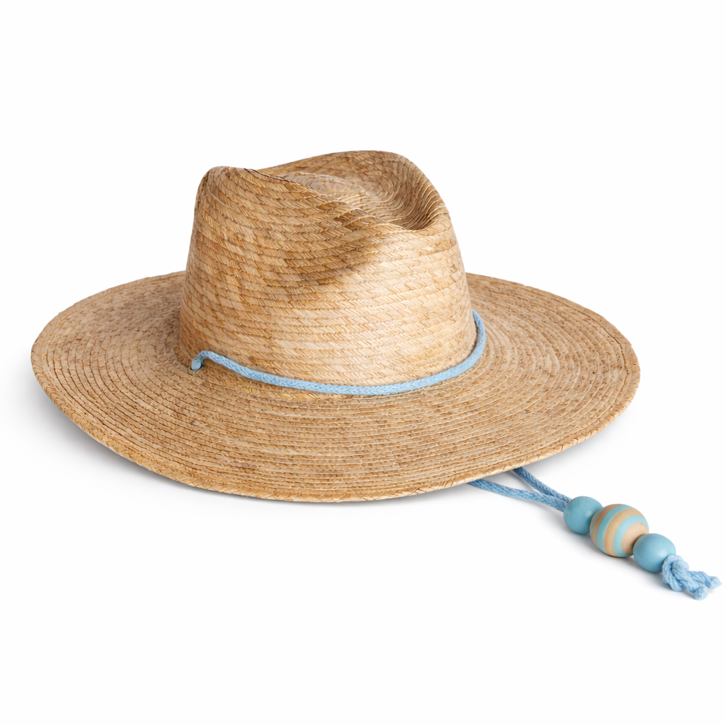 Straw hat with a blue band on a white background