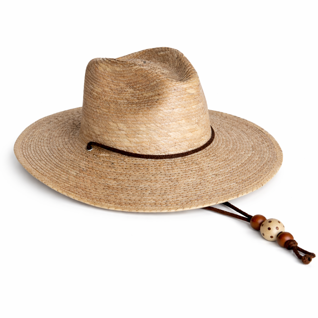 Straw hat with a wide brim and decorative band on a white background
