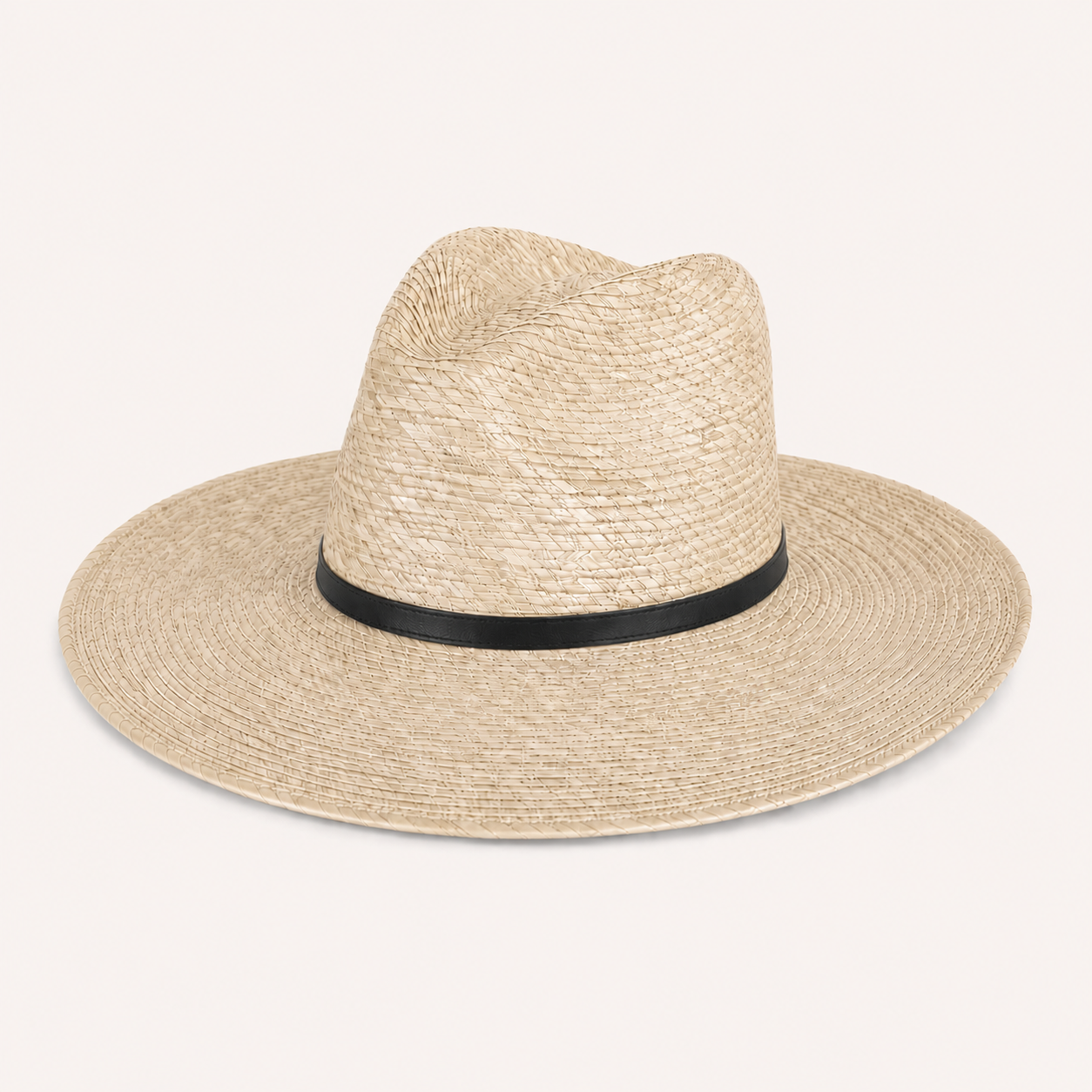 Beige straw hat with a black band on a light gray background