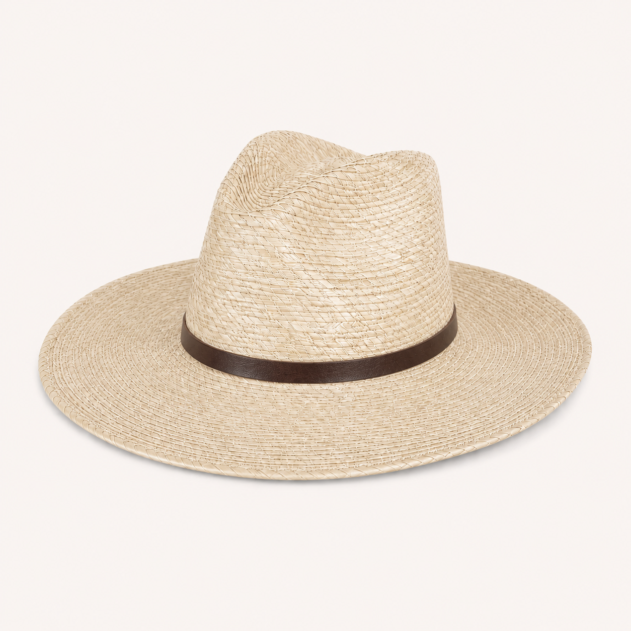 Beige straw hat with a brown band on a light gray background