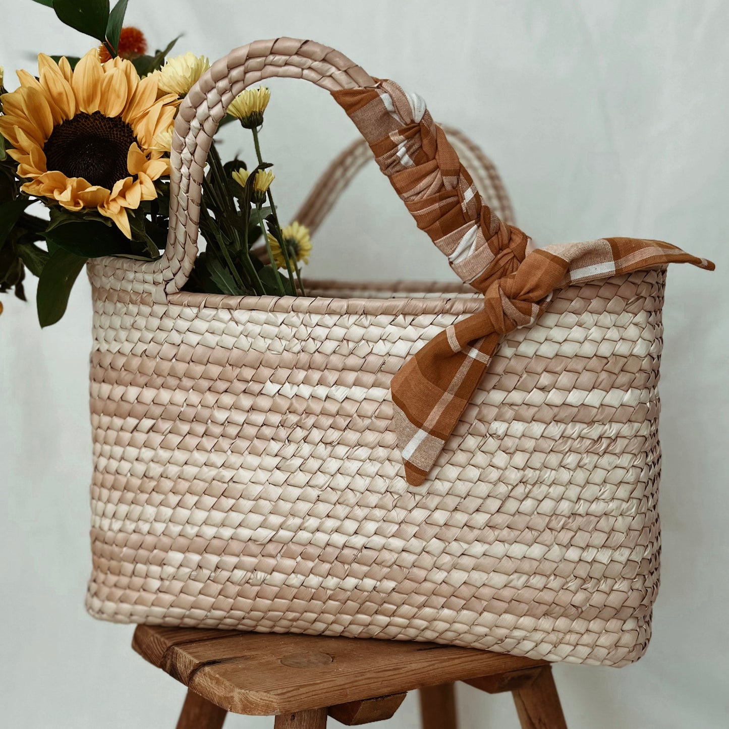 Plaid Straw Basket