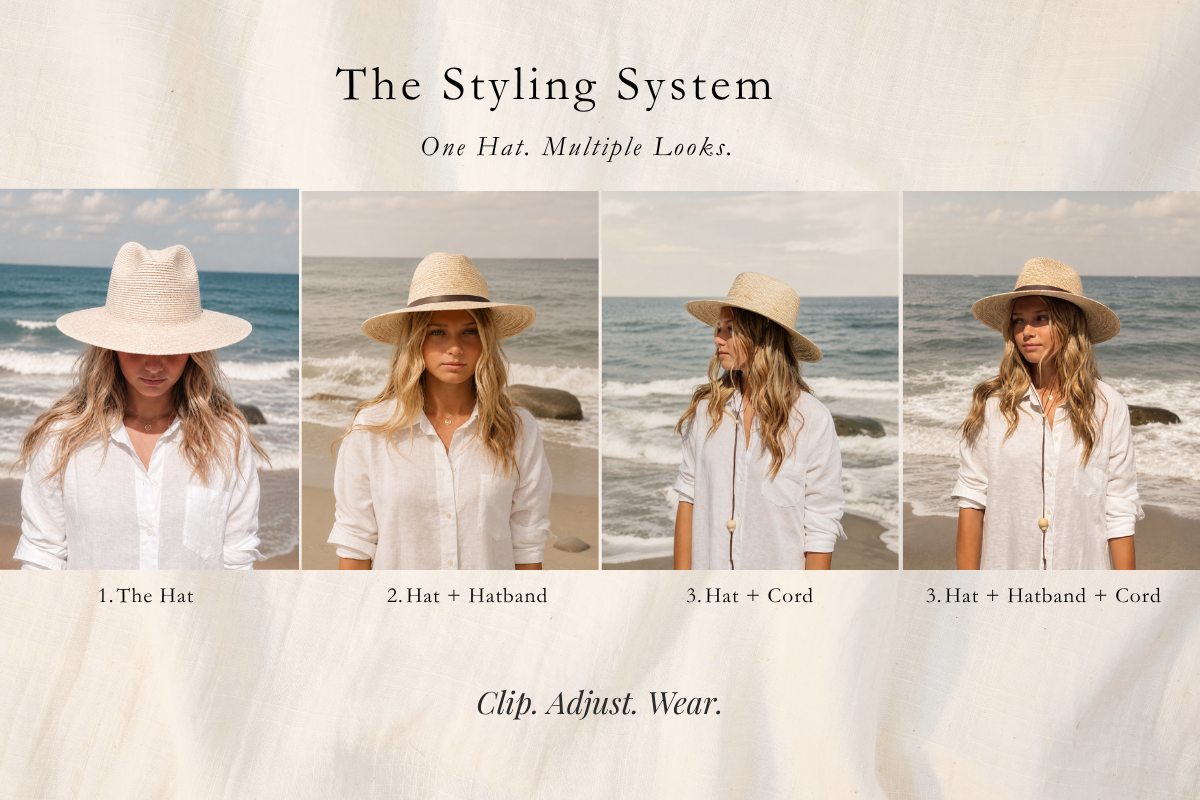 Promotional graphic for 'The Styling System' featuring four side-by-side panels of a woman wearing a wide-brim straw hat in different styling combinations with a white shirt and necklace, set against an ocean beach background. The graphic has a textured cream background with black serif text.