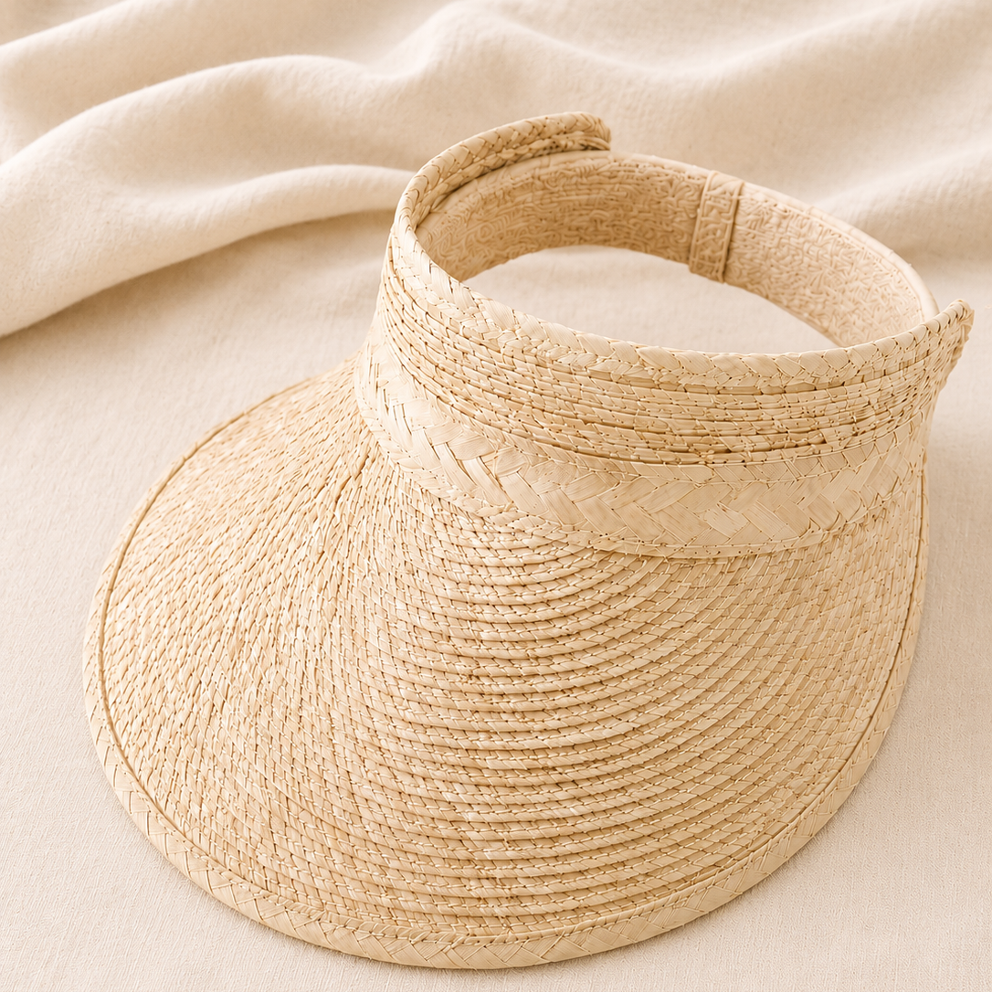 Beige straw visor on a beige fabric background