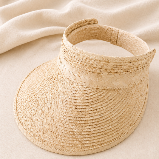Beige straw visor on a beige fabric background